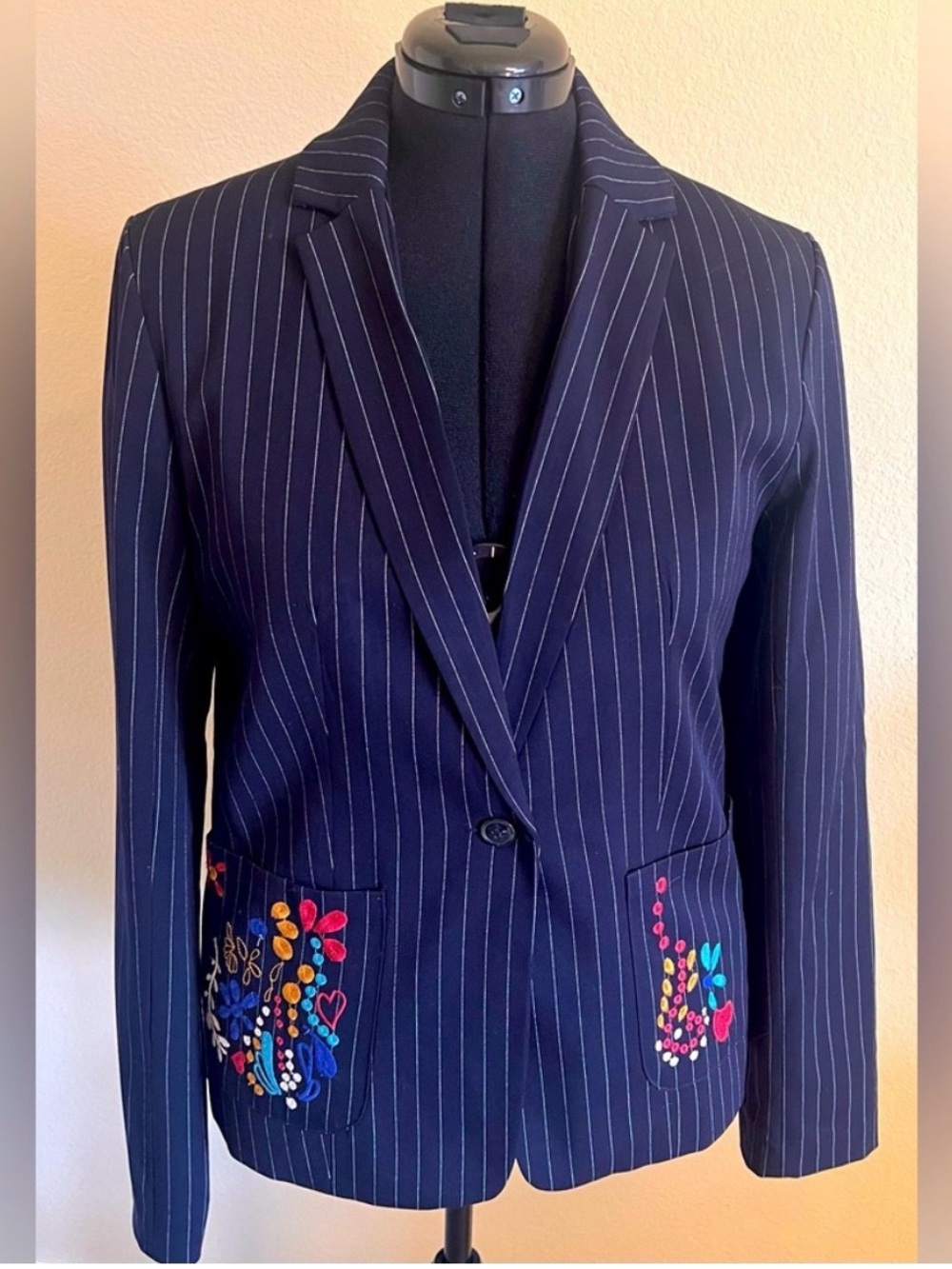 Desigual Navy Blue Striped Flower Embroidered Blazer